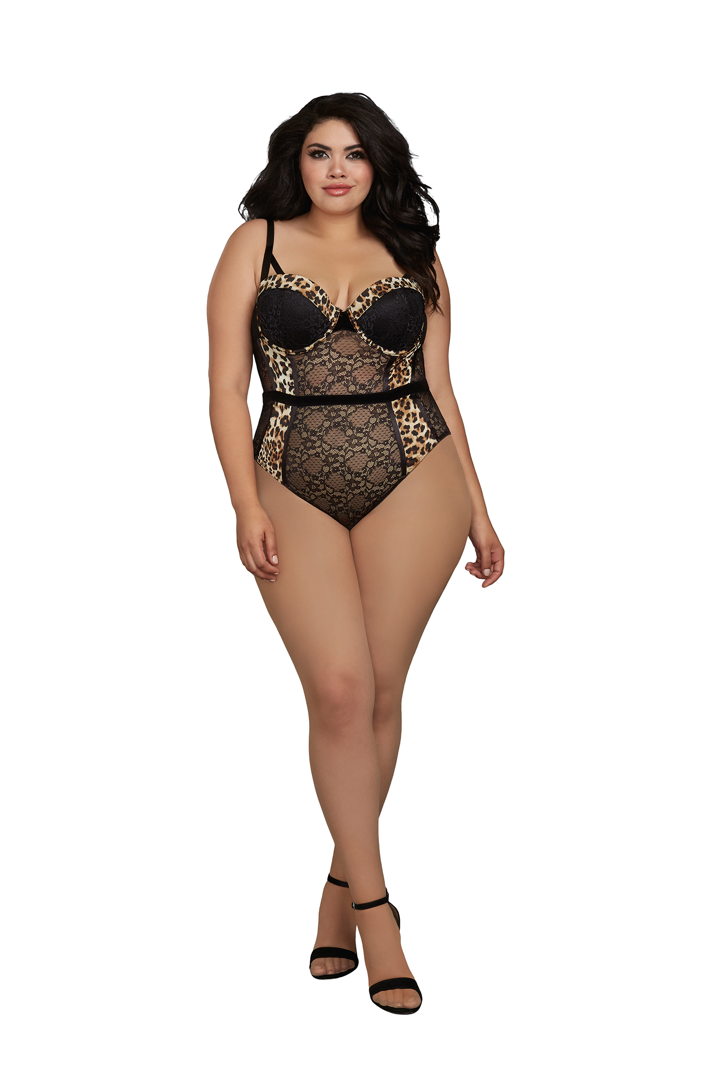 DreamGirl Womens Plus Size Microfiber Bodysuit with Chainmail Shoulder Straps Lingerie